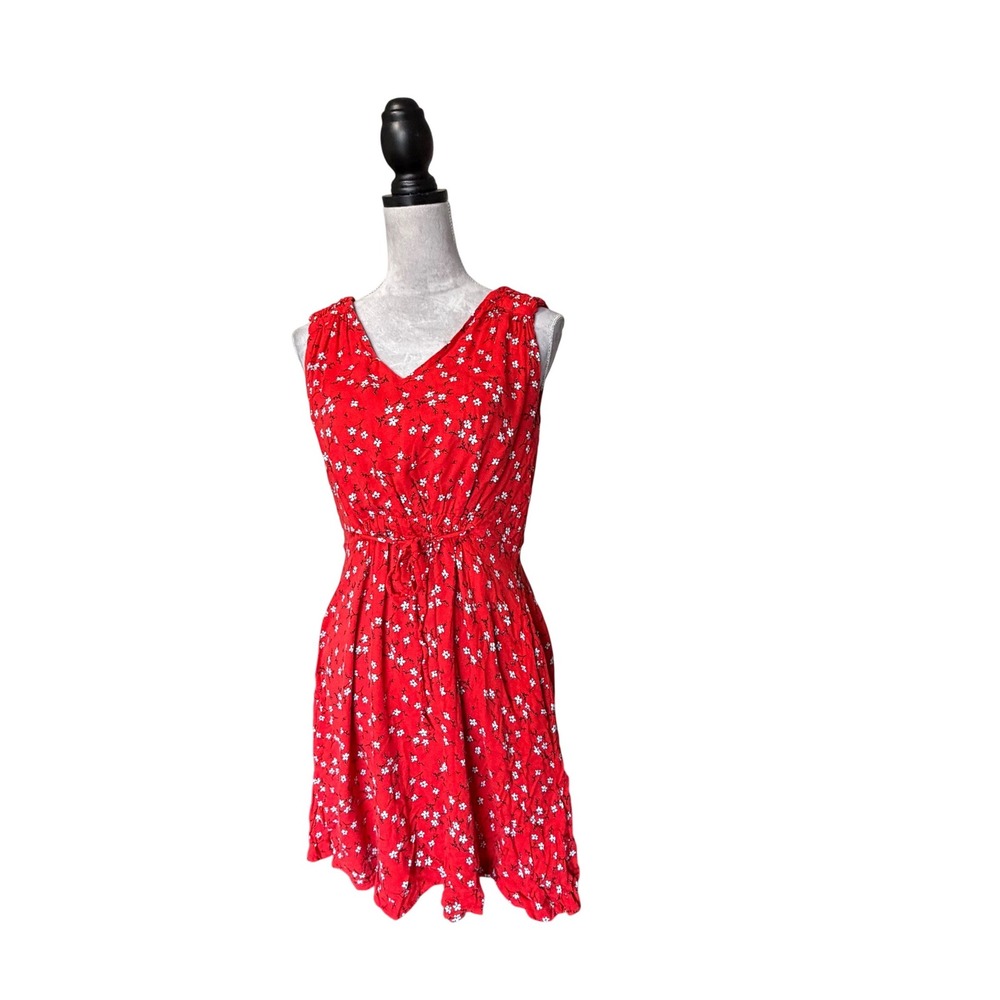 Mercer & Madison Red Floral V-Neck Sleeveless Mini Dress SZ 10 Drawstring Waist